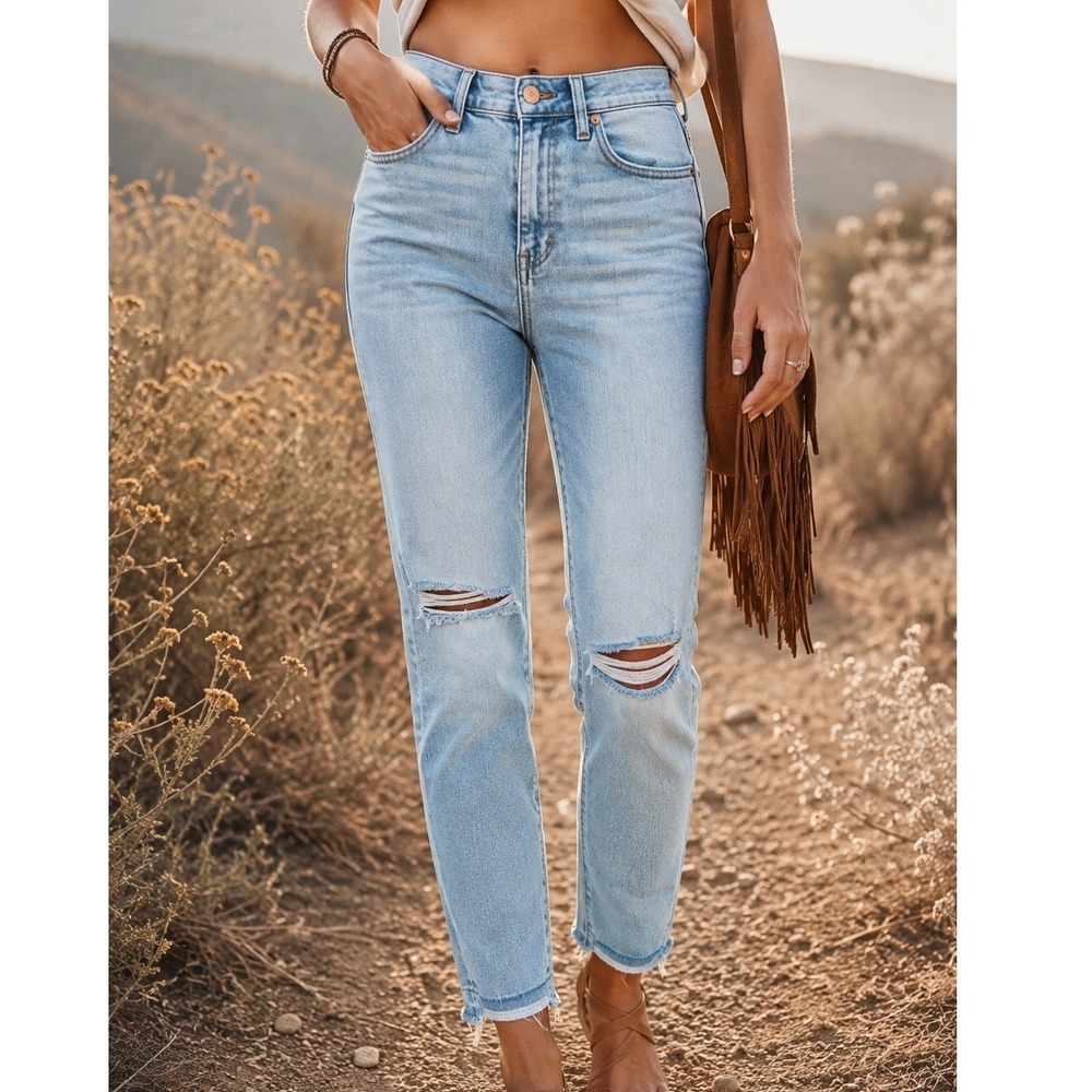 Madewell High Riser Skinny Jeans Light Wash Distressed Ripped‎ Knee 27 Cropped